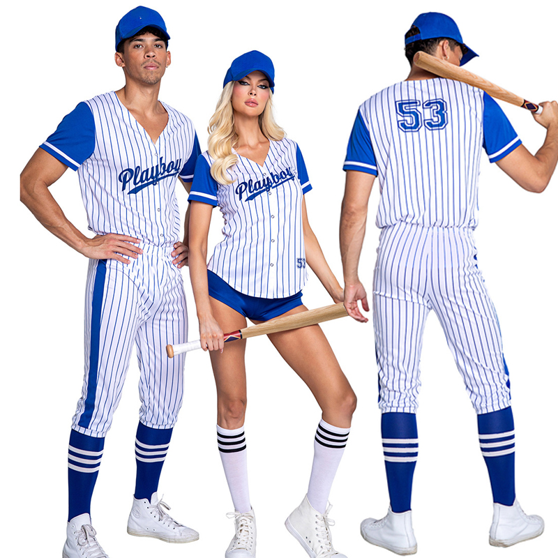 Team Sports - 新しい大人のストライプスポーツ野球コスチュームセット男性女性用ハロウィンブルーストライプチアリーダーコスプレ制服スーツチアリーディング