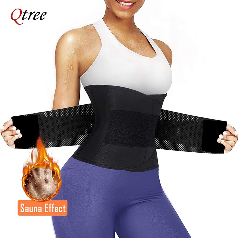 Sweat Waist Trainer Belt Neoprene - Qtree ホットネオプレンウエストトレーナーベルト女性サウナ発汗ボディシェイパーコルセット脂肪燃焼コルセットウエストトレーナーダブルコントロールストラップ