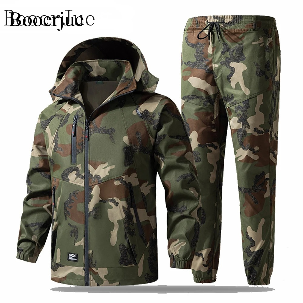 Hiking - 春秋メンズカモフラージュタクティカルフード付きセット アウトドアメンズカーゴハイキング防水ジャケット+パンツ メンズウィンドブレーカーワークウェアスーツ
