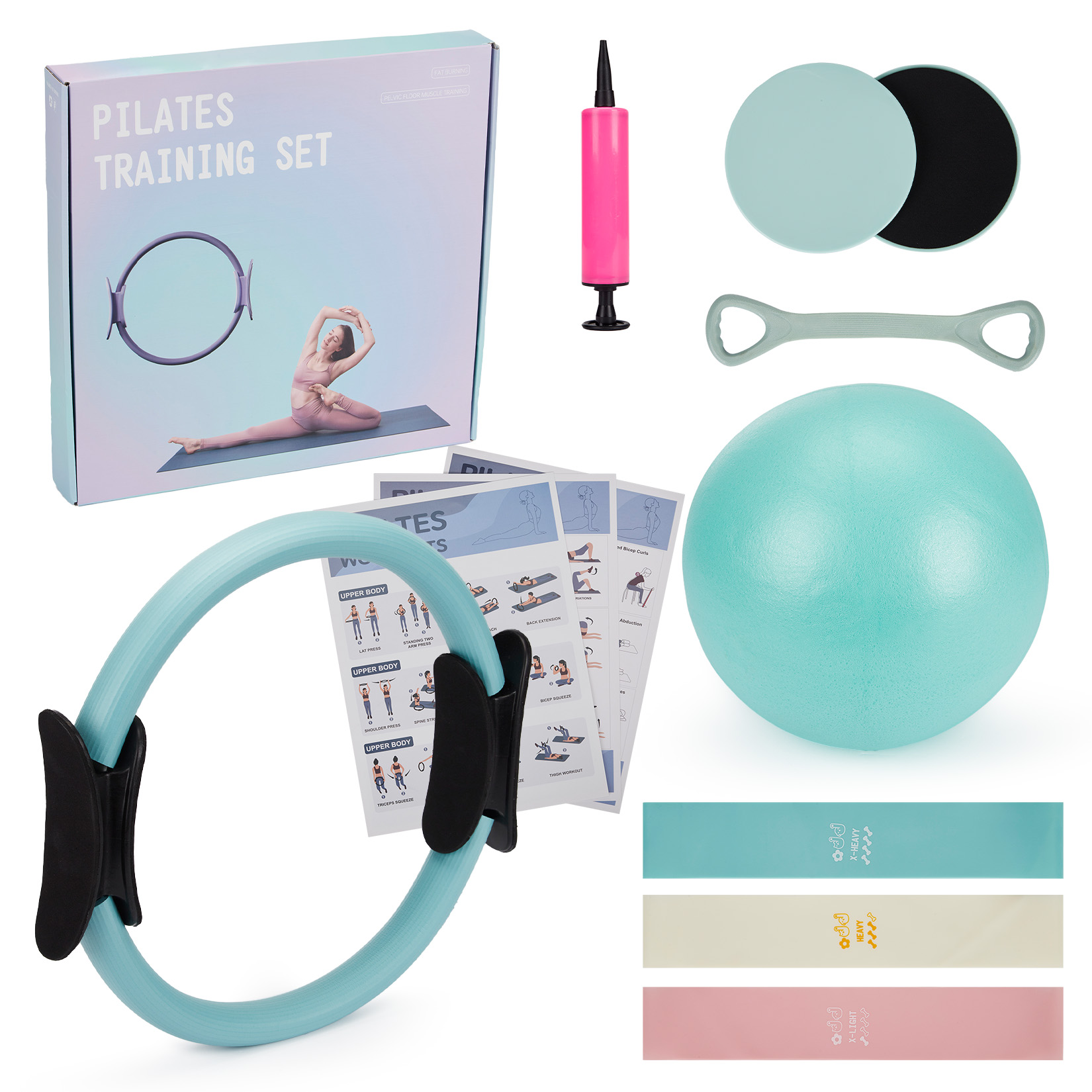 Pilates Bar Kit With Resistance Bands - ピラティス トレーニングセット、6-in-1 ピラティスリング、エクササイズボール、レジスタンスバンド、コアスライダー、トーニングバー、ホームジムヨガフィットネス用ワークアウトガイド