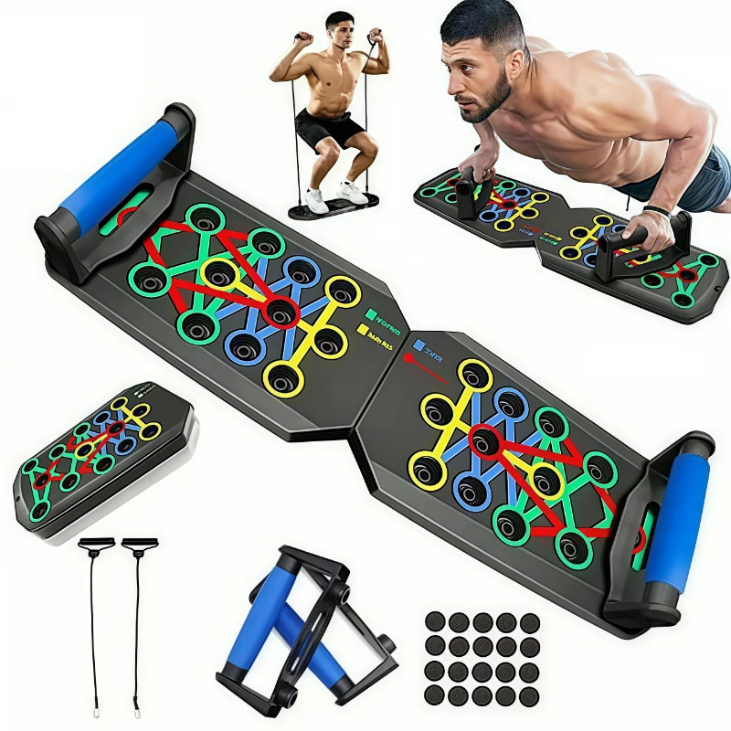 Push Up Board Foldable Multi Function - 抵抗バンド付き折りたたみ式プッシュアップボード、多機能プッシュアップバー、ポータブルホームジムトレーニング機器、男性女性向けの胸筋、背中、肩、上腕三頭筋のトレーニングシステム