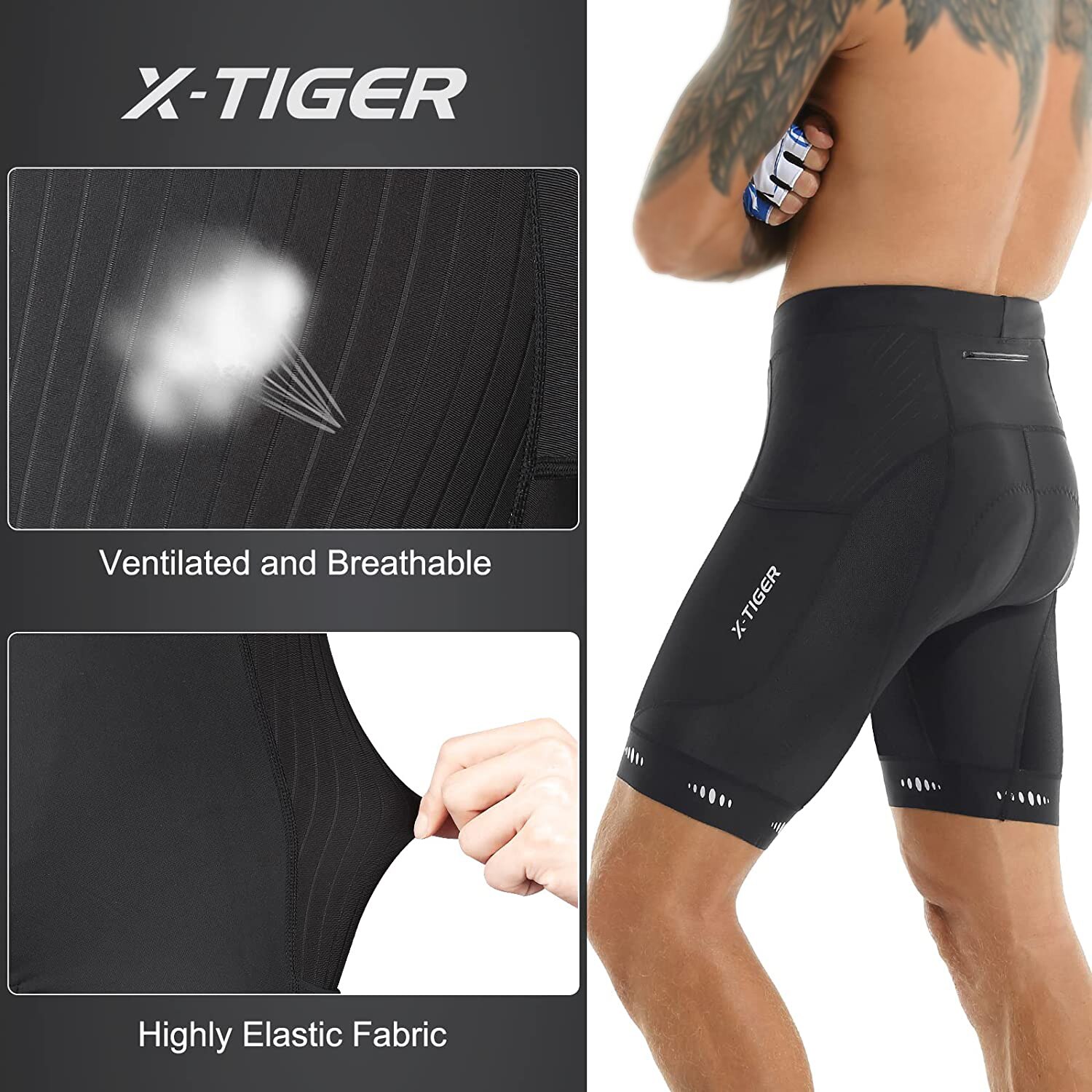 X-TIGER男性用サイクリングショーツバックポケット付き5 - Padded Cycling Shorts 5D Gel のレビューと価格